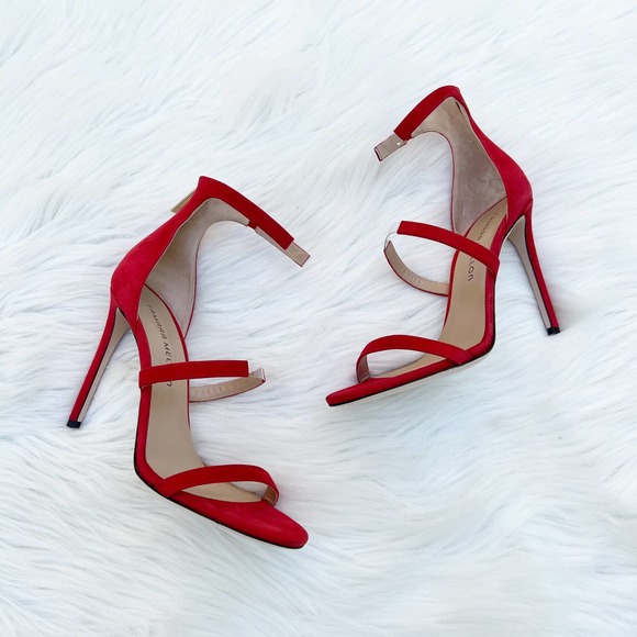 Tamara Mellon Reverse Frontline 105 Red Suede Heeled Sandals Women's Size 37.5 - Picture 2 of 11